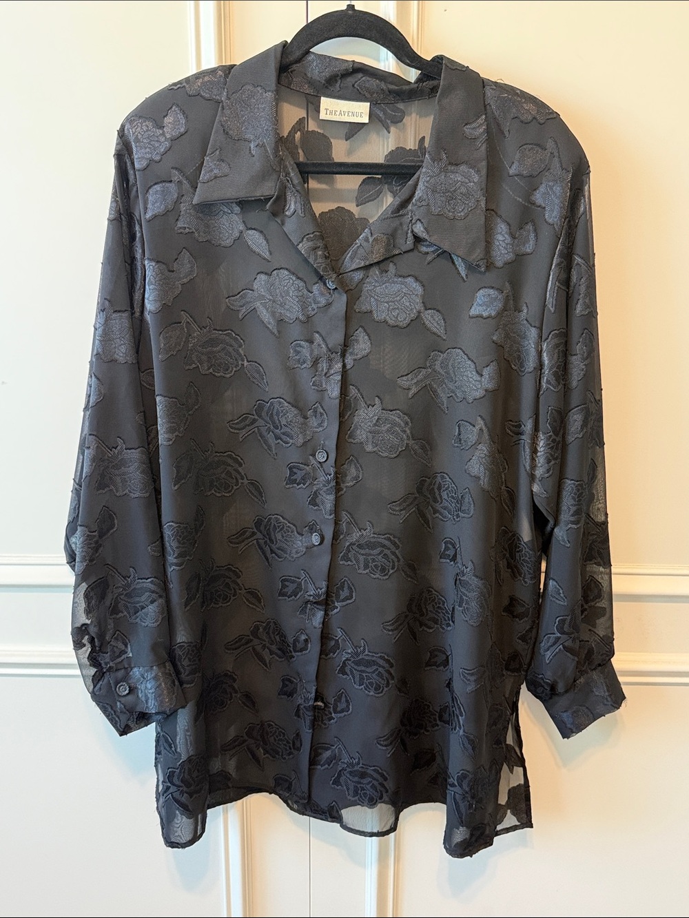 Avenue Black Floral Sheer Jacquard Button-Down Shirt